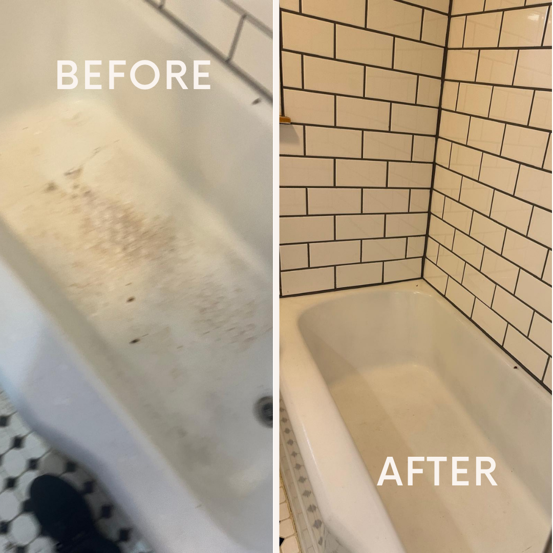 Bathtub before and after cleaning by Pristine Pros