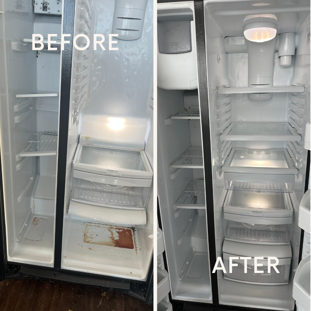 Fridge interior before and after cleaning by Pristine Pros
